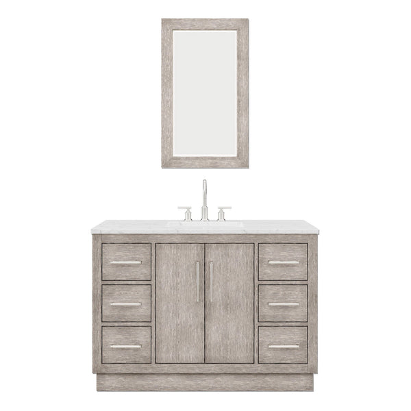 Water Creation HU48CW01GK-R21000000 HUGO 48W x 34.3H Gray Oak Single-Sink Vanity with Carrara White Marble Countertop + Mirror (A)