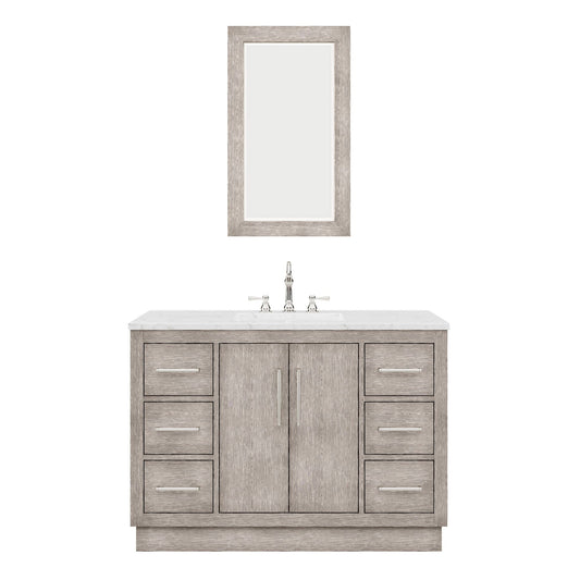 Water Creation HU48CW01GK-R21TL1201 HUGO 48"W x 34.3"H Gray Oak Single-Sink Vanity with Carrara White Marble Countertop + Hook Faucet and Mirror (A)