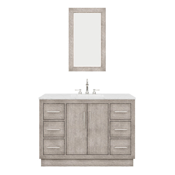 Water Creation HU48CW01GK-R21TL1201 HUGO 48W x 34.3H Gray Oak Single-Sink Vanity with Carrara White Marble Countertop + Hook Faucet and Mirror (A)