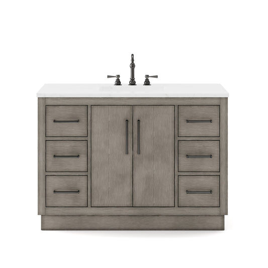 Water Creation HU48CW03GK-000TL1203 HUGO 48"W x 34.3"H Gray Oak Single-Sink Vanity with Carrara White Marble Countertop + Hook Faucet (B)