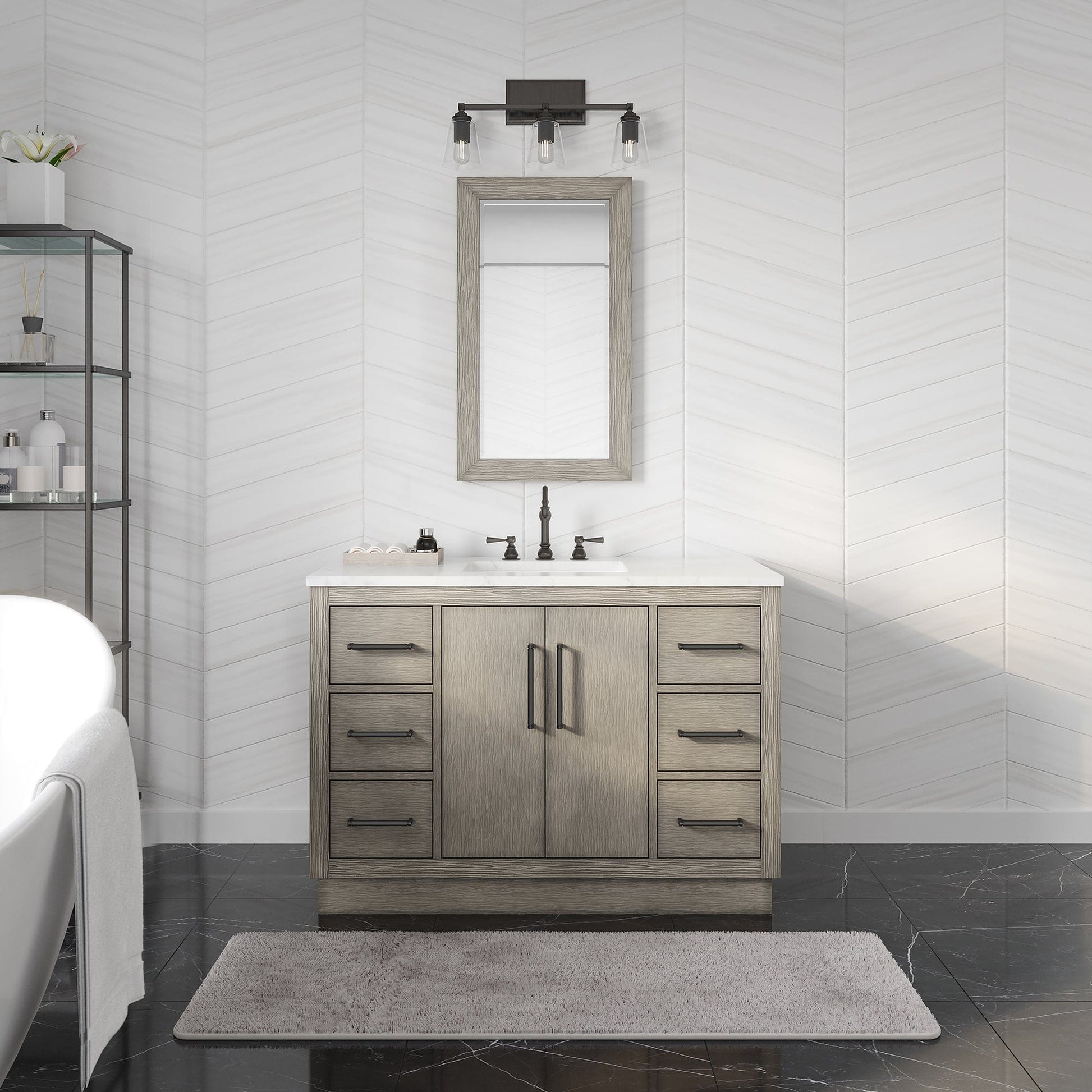 Water Creation HU48CW03GK-000TL1203 HUGO 48"W x 34.3"H Gray Oak Single-Sink Vanity with Carrara White Marble Countertop + Hook Faucet (B)