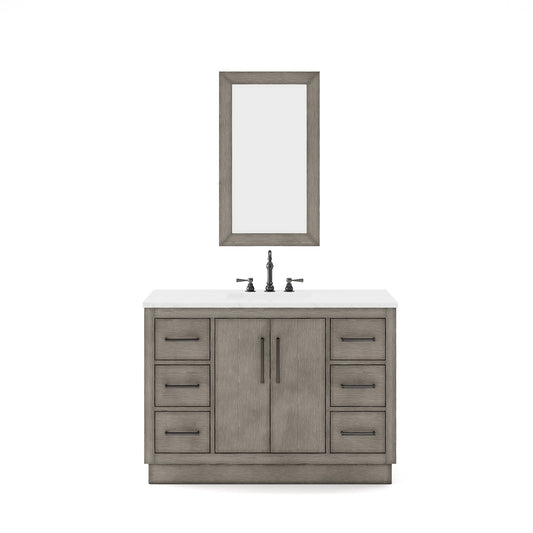 Water Creation HU48CW03GK-R21000000 HUGO 48"W x 34.3"H Gray Oak Single-Sink Vanity with Carrara White Marble Countertop + Mirror (B)