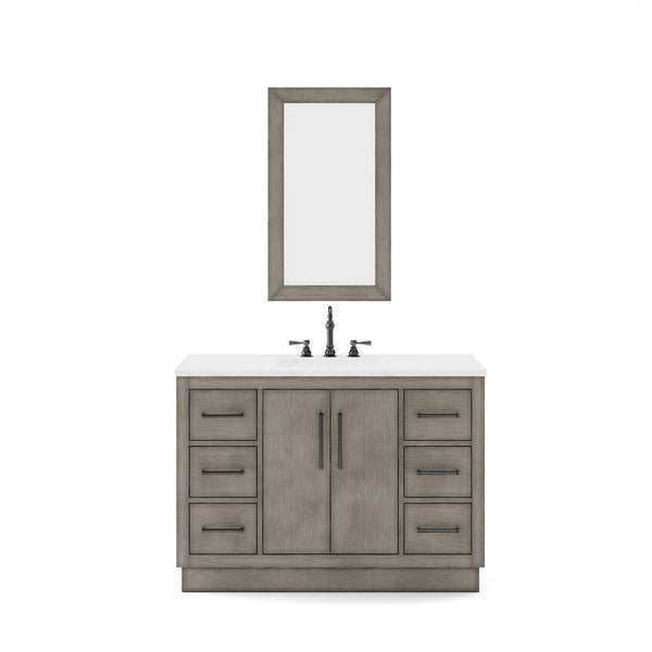 Water Creation HU48CW03GK-R21000000 HUGO 48W x 34.3H Gray Oak Single-Sink Vanity with Carrara White Marble Countertop + Mirror (B)