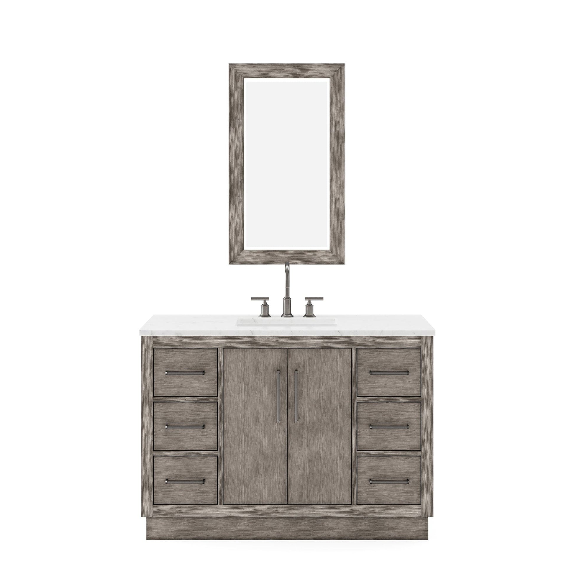 Water Creation HU48CW03GK-R21BL1403 HUGO 48"W x 34.3"H Gray Oak Single-Sink Vanity with Carrara White Marble Countertop + Gooseneck Faucet and Mirror (B)