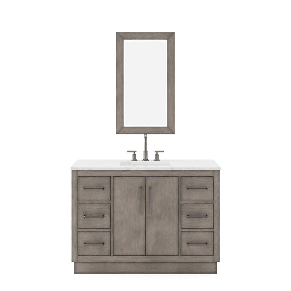 Water Creation HU48CW03GK-R21BL1403 HUGO 48W x 34.3H Gray Oak Single-Sink Vanity with Carrara White Marble Countertop + Gooseneck Faucet and Mirror (B)