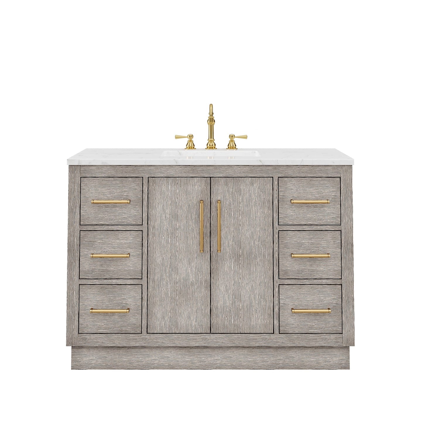 Water Creation HU48CW06GK-000TL1206 HUGO 48"W x 34.3"H Gray Oak Single-Sink Vanity with Carrara White Marble Countertop + Hook Faucet (C)