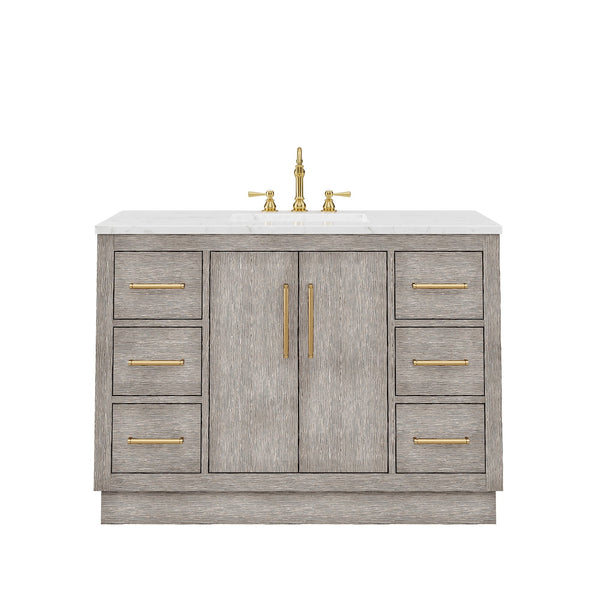 Water Creation HU48CW06GK-000TL1206 HUGO 48W x 34.3H Gray Oak Single-Sink Vanity with Carrara White Marble Countertop + Hook Faucet (C)