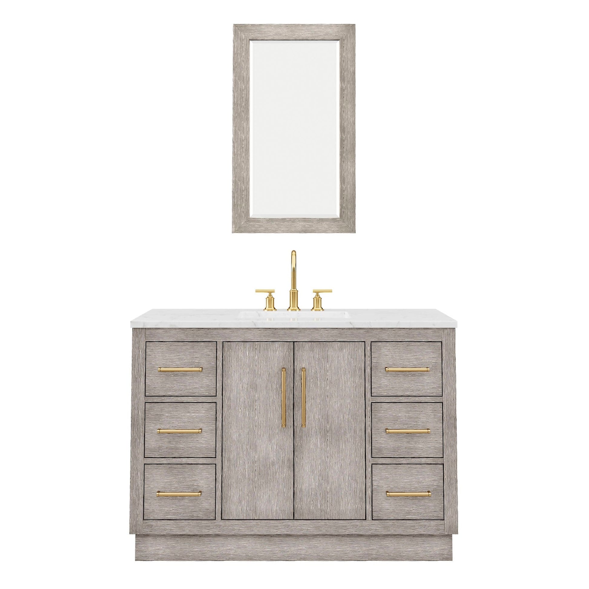 Water Creation HU48CW06GK-R21000000 HUGO 48"W x 34.3"H Gray Oak Single-Sink Vanity with Carrara White Marble Countertop + Mirror (C)