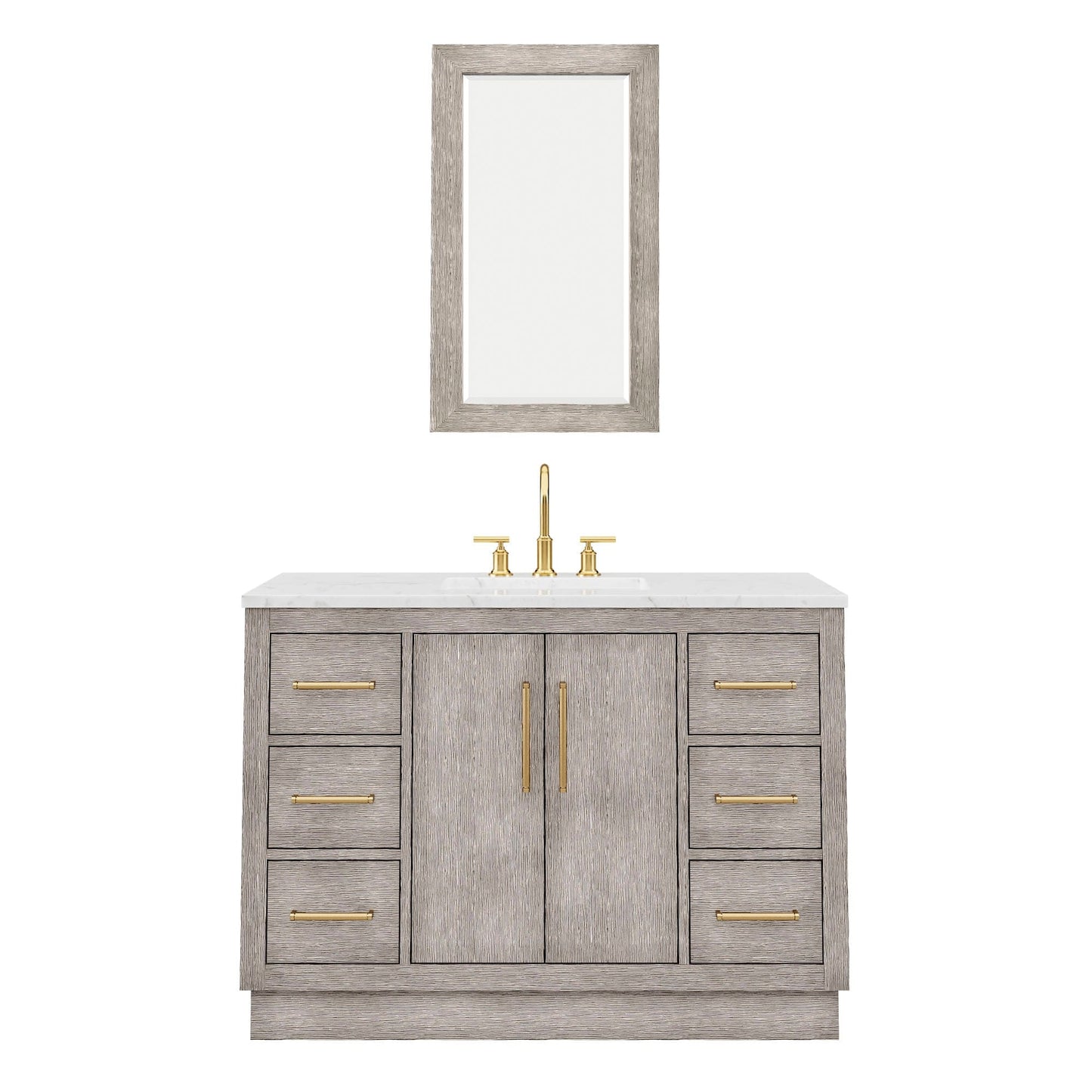 Water Creation HU48CW06GK-R21000000 HUGO 48"W x 34.3"H Gray Oak Single-Sink Vanity with Carrara White Marble Countertop + Mirror (C)