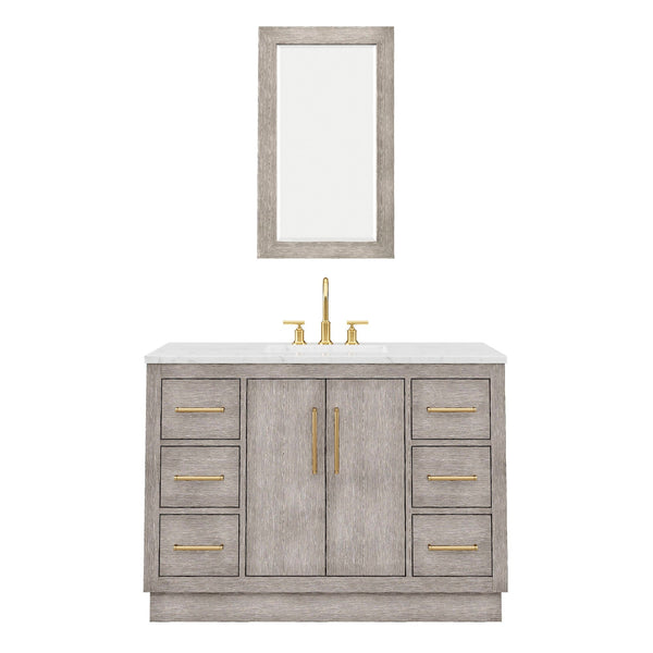 Water Creation HU48CW06GK-R21000000 HUGO 48W x 34.3H Gray Oak Single-Sink Vanity with Carrara White Marble Countertop + Mirror (C)