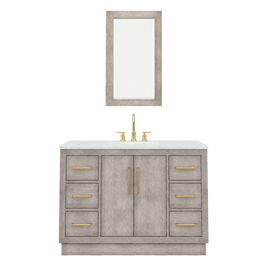Water Creation HU48CW06GK-R21BL1406 HUGO 48"W x 34.3"H Gray Oak Single-Sink Vanity with Carrara White Marble Countertop + Gooseneck Faucet and Mirror (C)