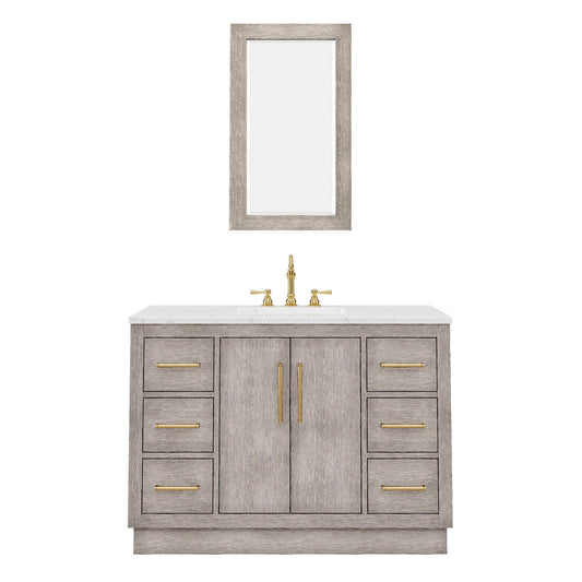 Water Creation HU48CW06GK-R21TL1206 HUGO 48"W x 34.3"H Gray Oak Single-Sink Vanity with Carrara White Marble Countertop + Hook Faucet and Mirror (C)