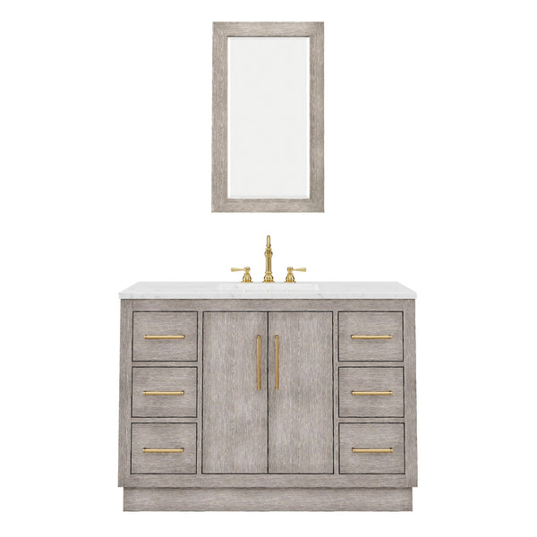 Water Creation HU48CW06GK-R21TL1206 HUGO 48W x 34.3H Gray Oak Single-Sink Vanity with Carrara White Marble Countertop + Hook Faucet and Mirror (C)