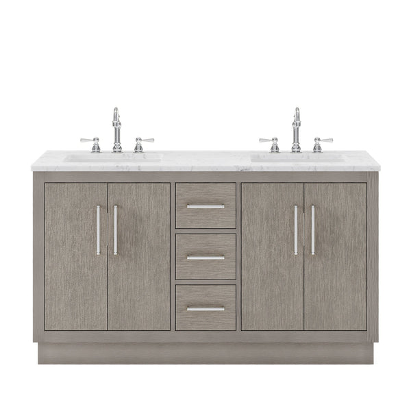 Water Creation HU60CW01GK-000000000 HUGO 60W x 34.3H Gray Oak Double-Sink Vanity with Carrara White Marble Countertop (A) (Vanity Only)