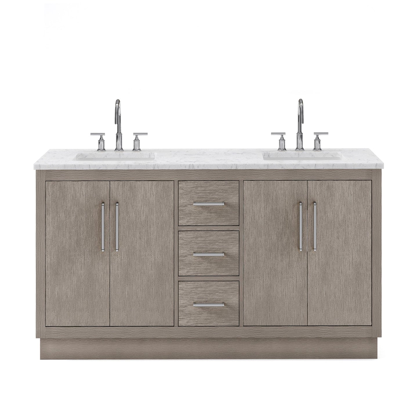 Water Creation HU60CW01GK-000BL1401 HUGO 60"W x 34.3"H Gray Oak Double-Sink Vanity with Carrara White Marble Countertop + Gooseneck Faucets (A)