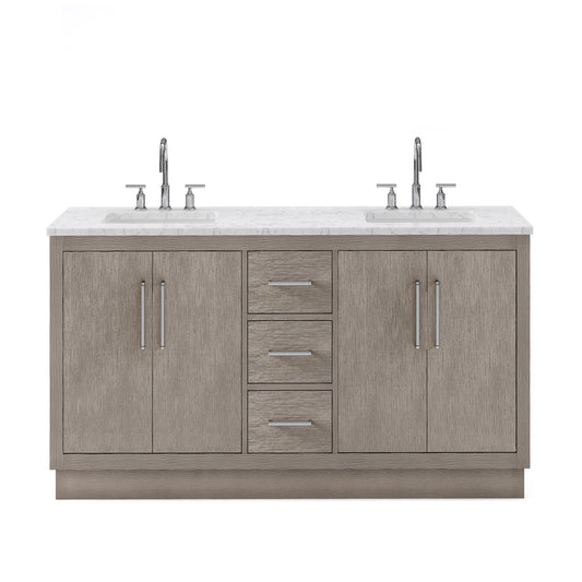 Water Creation HU60CW01GK-000BL1401 HUGO 60"W x 34.3"H Gray Oak Double-Sink Vanity with Carrara White Marble Countertop + Gooseneck Faucets (A)