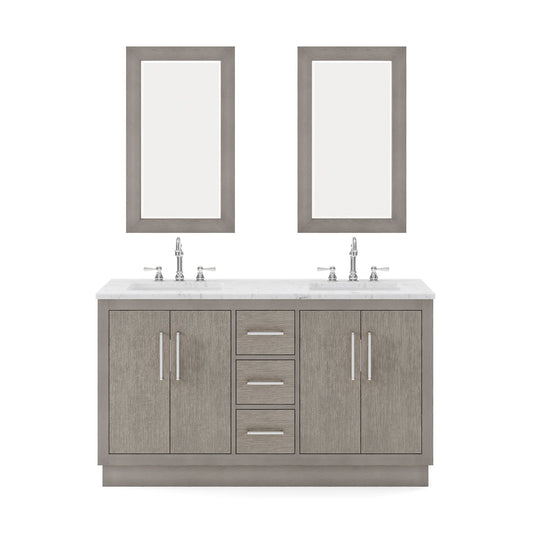 Water Creation HU60CW01GK-R21000000 HUGO 60"W x 34.3"H Gray Oak Double-Sink Vanity with Carrara White Marble Countertop + Mirrors (A)