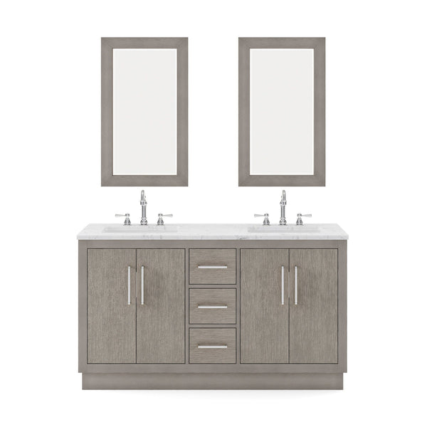 Water Creation HU60CW01GK-R21000000 HUGO 60W x 34.3H Gray Oak Double-Sink Vanity with Carrara White Marble Countertop + Mirrors (A)