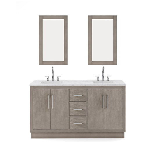 Water Creation HU60CW01GK-R21BL1401 HUGO 60"W x 34.3"H Gray Oak Double-Sink Vanity with Carrara White Marble Countertop + Gooseneck Faucets and Mirrors (A)