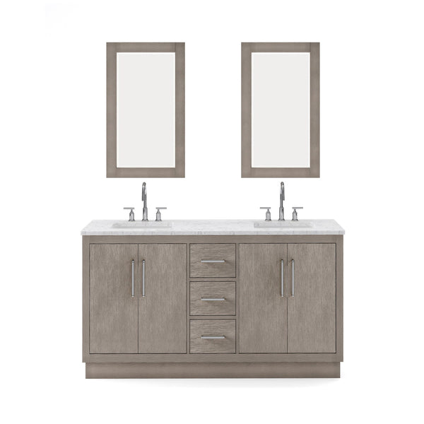 Water Creation HU60CW01GK-R21BL1401 HUGO 60W x 34.3H Gray Oak Double-Sink Vanity with Carrara White Marble Countertop + Gooseneck Faucets and Mirrors (A)