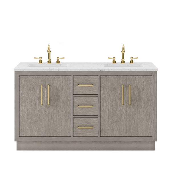 Water Creation HU60CW06GK-000000000 HUGO 60W x 34.3H Gray Oak Double-Sink Vanity with Carrara White Marble Countertop (B) (Vanity Only)