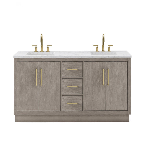 Water Creation HU60CW06GK-000BL1406 HUGO 60W x 34.3H Gray Oak Double-Sink Vanity with Carrara White Marble Countertop + Gooseneck Faucets (B)