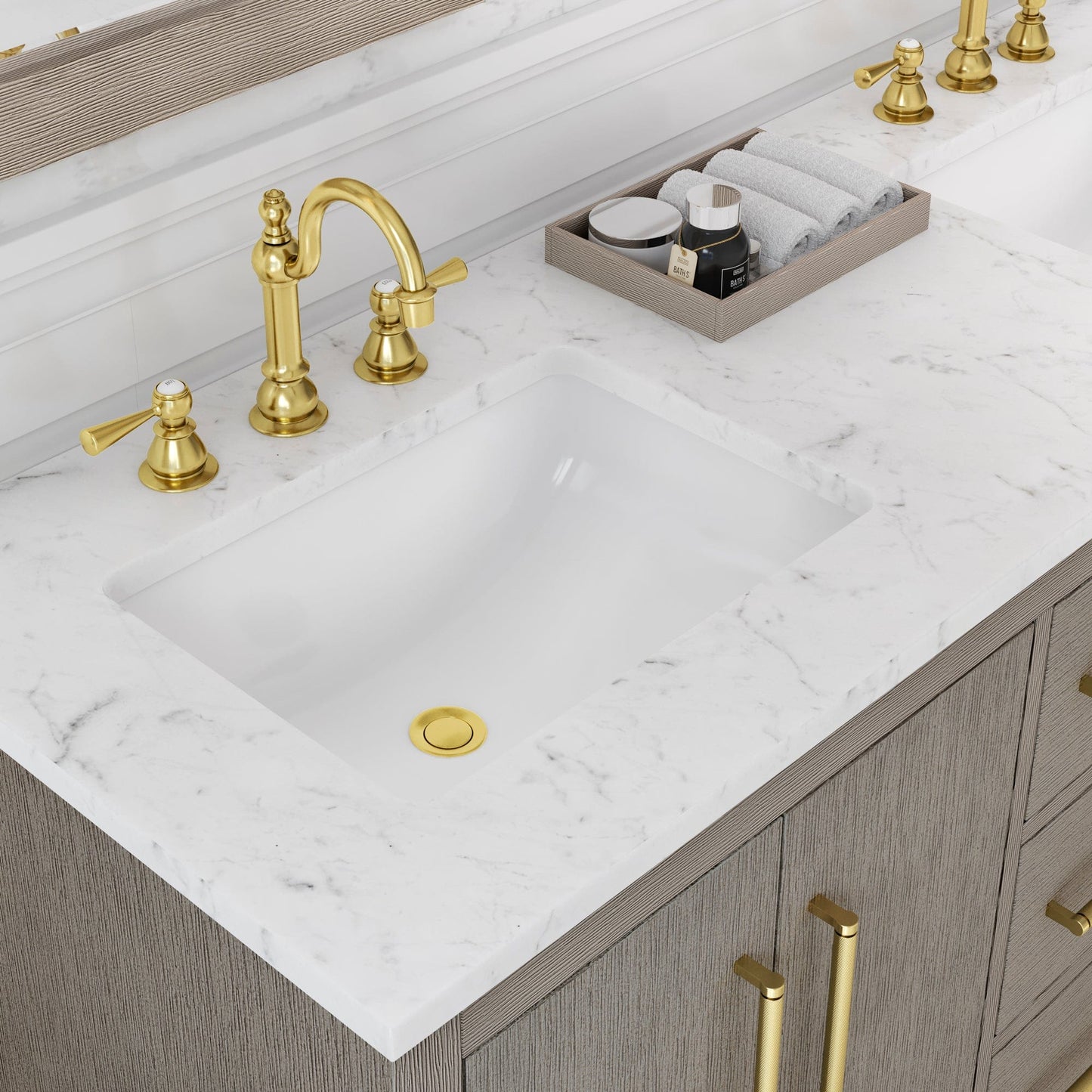 Water Creation HU60CW06GK-000TL1206 HUGO 60"W x 34.3"H Gray Oak Double-Sink Vanity with Carrara White Marble Countertop + Hook Faucets (B)