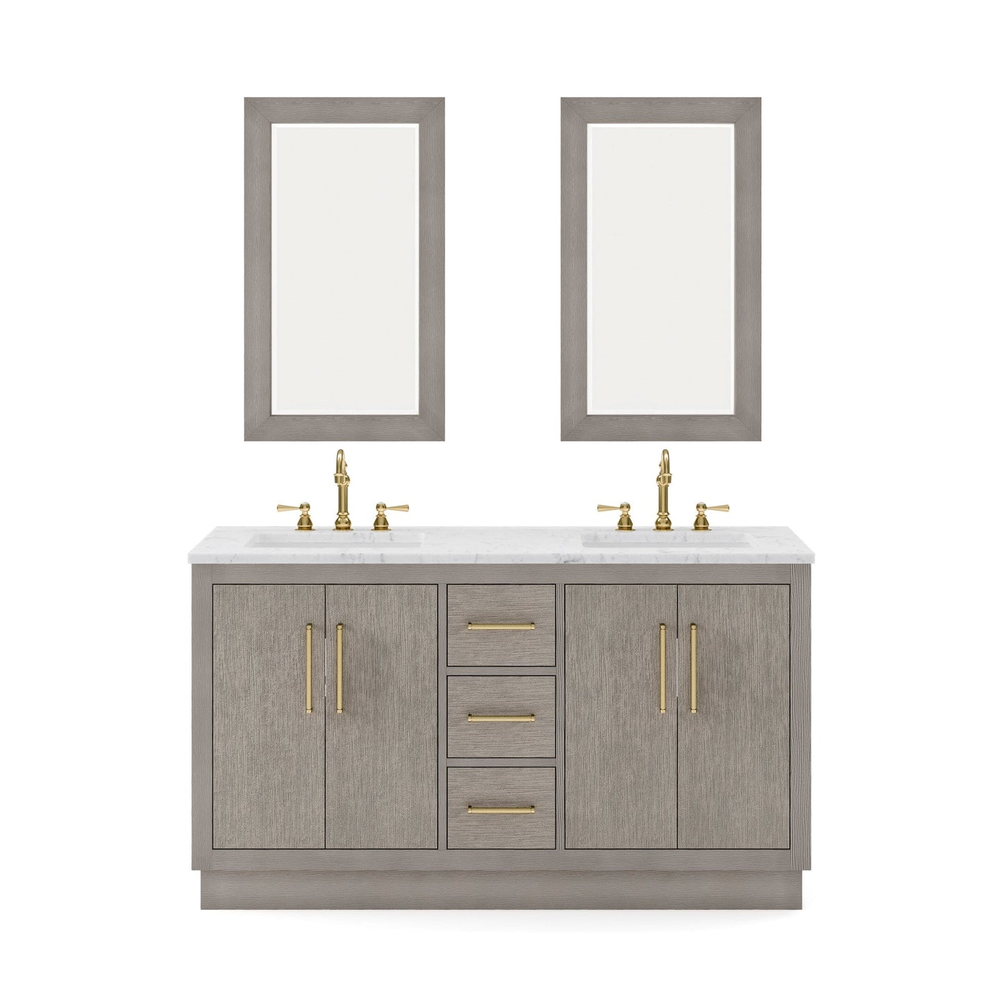 Water Creation HU60CW06GK-R21000000 HUGO 60"W x 34.3"H Gray Oak Double-Sink Vanity with Carrara White Marble Countertop + Mirrors (B)