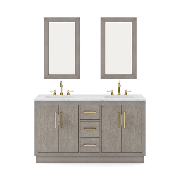 Water Creation HU60CW06GK-R21000000 HUGO 60W x 34.3H Gray Oak Double-Sink Vanity with Carrara White Marble Countertop + Mirrors (B)