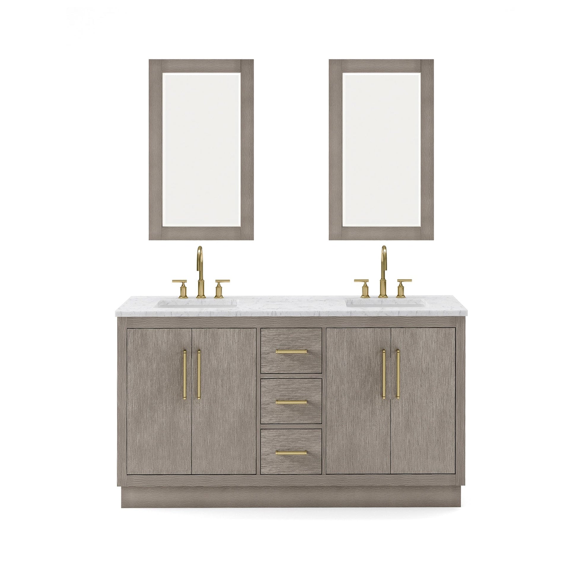 Water Creation HU60CW06GK-R21BL1406 HUGO 60"W x 34.3"H Gray Oak Double-Sink Vanity with Carrara White Marble Countertop + Gooseneck Faucets and Mirrors (B)