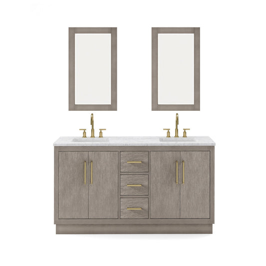 Water Creation HU60CW06GK-R21BL1406 HUGO 60"W x 34.3"H Gray Oak Double-Sink Vanity with Carrara White Marble Countertop + Gooseneck Faucets and Mirrors (B)