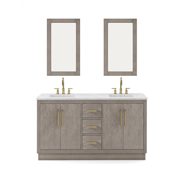 Water Creation HU60CW06GK-R21BL1406 HUGO 60W x 34.3H Gray Oak Double-Sink Vanity with Carrara White Marble Countertop + Gooseneck Faucets and Mirrors (B)