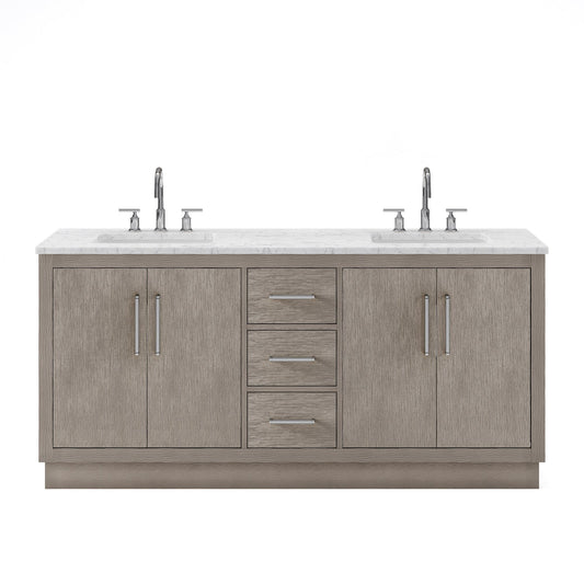 Water Creation HU72CW01GK-000BL1401 HUGO 72"W x 34.3"H Gray Oak Double-Sink Vanity with Carrara White Marble Countertop + Gooseneck Faucets (A)