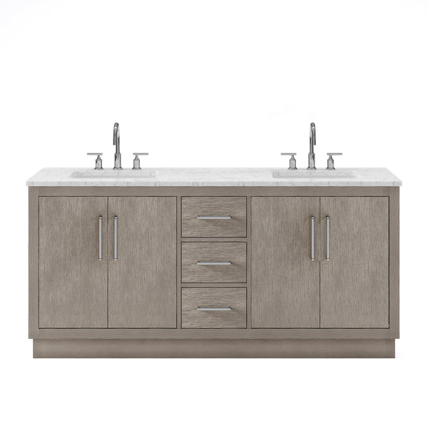 Water Creation HU72CW01GK-000BL1401 HUGO 72W x 34.3H Gray Oak Double-Sink Vanity with Carrara White Marble Countertop + Gooseneck Faucets (A)