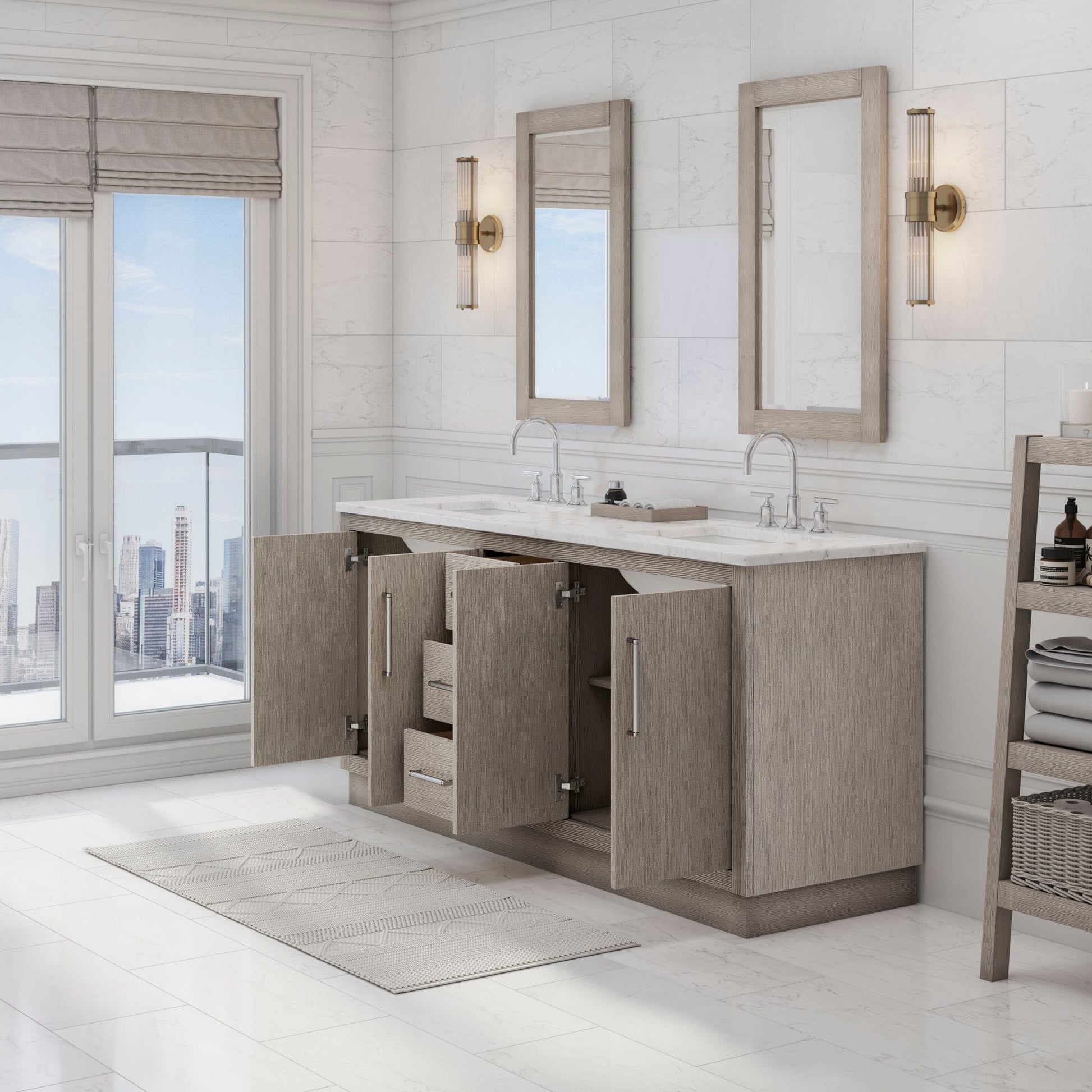 Water Creation HU72CW01GK-000BL1401 HUGO 72"W x 34.3"H Gray Oak Double-Sink Vanity with Carrara White Marble Countertop + Gooseneck Faucets (A)