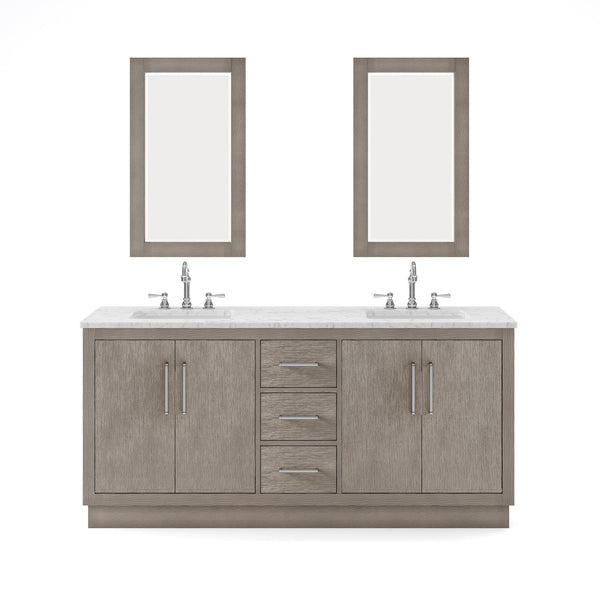 Water Creation HU72CW01GK-R21000000 HUGO 72W x 34.3H Gray Oak Double-Sink Vanity with Carrara White Marble Countertop + Mirrors (A)