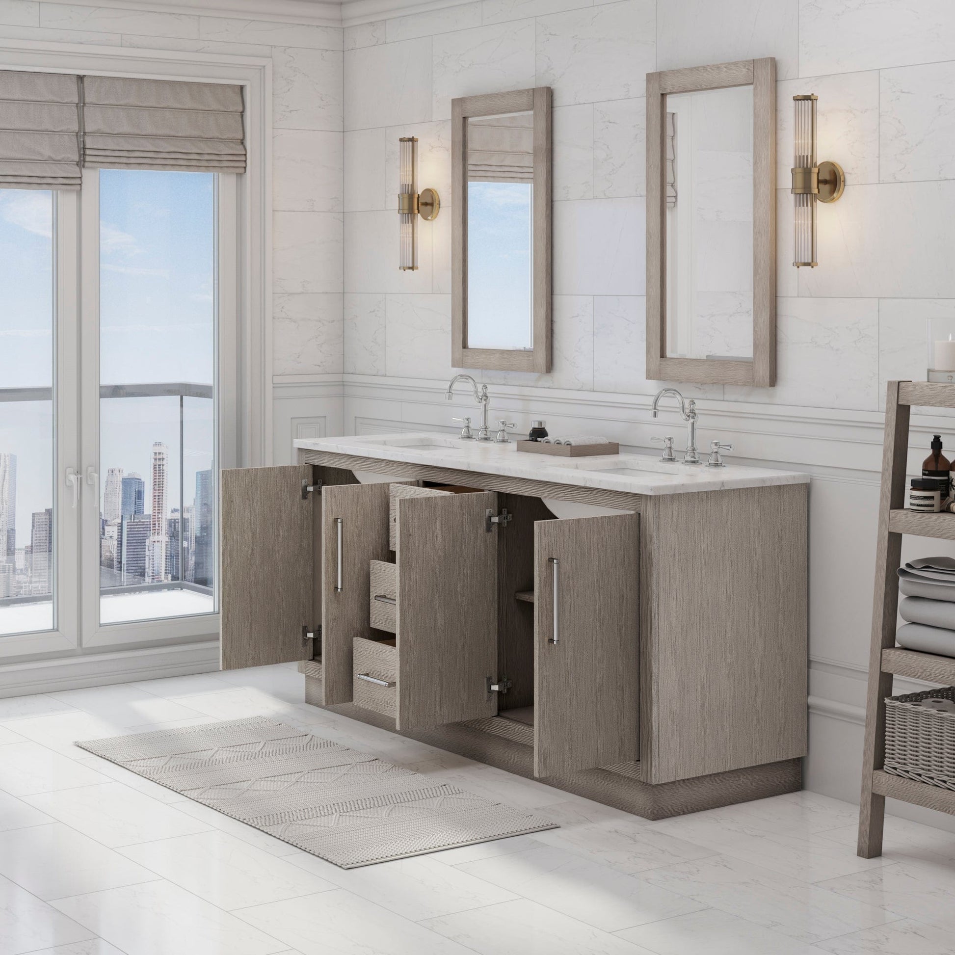 Water Creation HU72CW01GK-R21000000 HUGO 72"W x 34.3"H Gray Oak Double-Sink Vanity with Carrara White Marble Countertop + Mirrors (A)