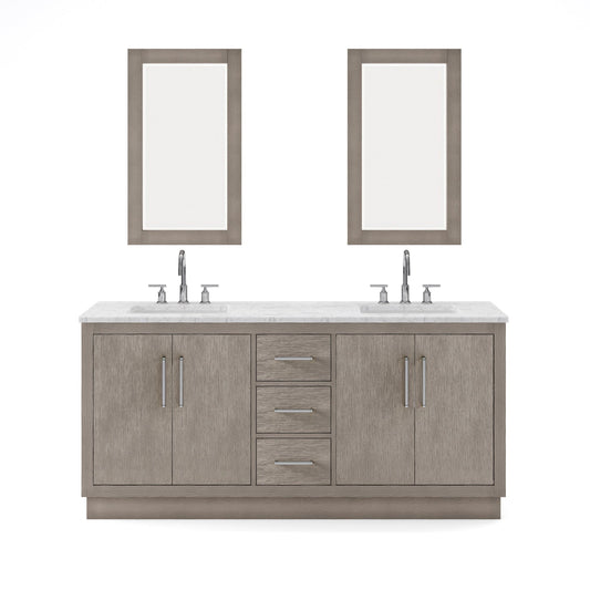 Water Creation HU72CW01GK-R21BL1401 HUGO 72"W x 34.3"H Gray Oak Double-Sink Vanity with Carrara White Marble Countertop + Gooseneck Faucets and Mirrors (A)