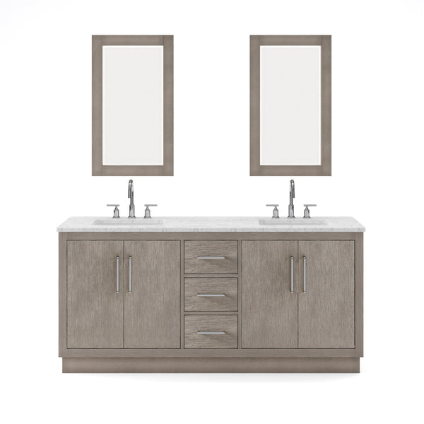 Water Creation HU72CW01GK-R21BL1401 HUGO 72W x 34.3H Gray Oak Double-Sink Vanity with Carrara White Marble Countertop + Gooseneck Faucets and Mirrors (A)