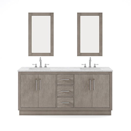 Water Creation HU72CW01GK-R21TL1201 HUGO 72"W x 34.3"H Gray Oak Double-Sink Vanity with Carrara White Marble Countertop + Hook Faucets and Mirrors (A)