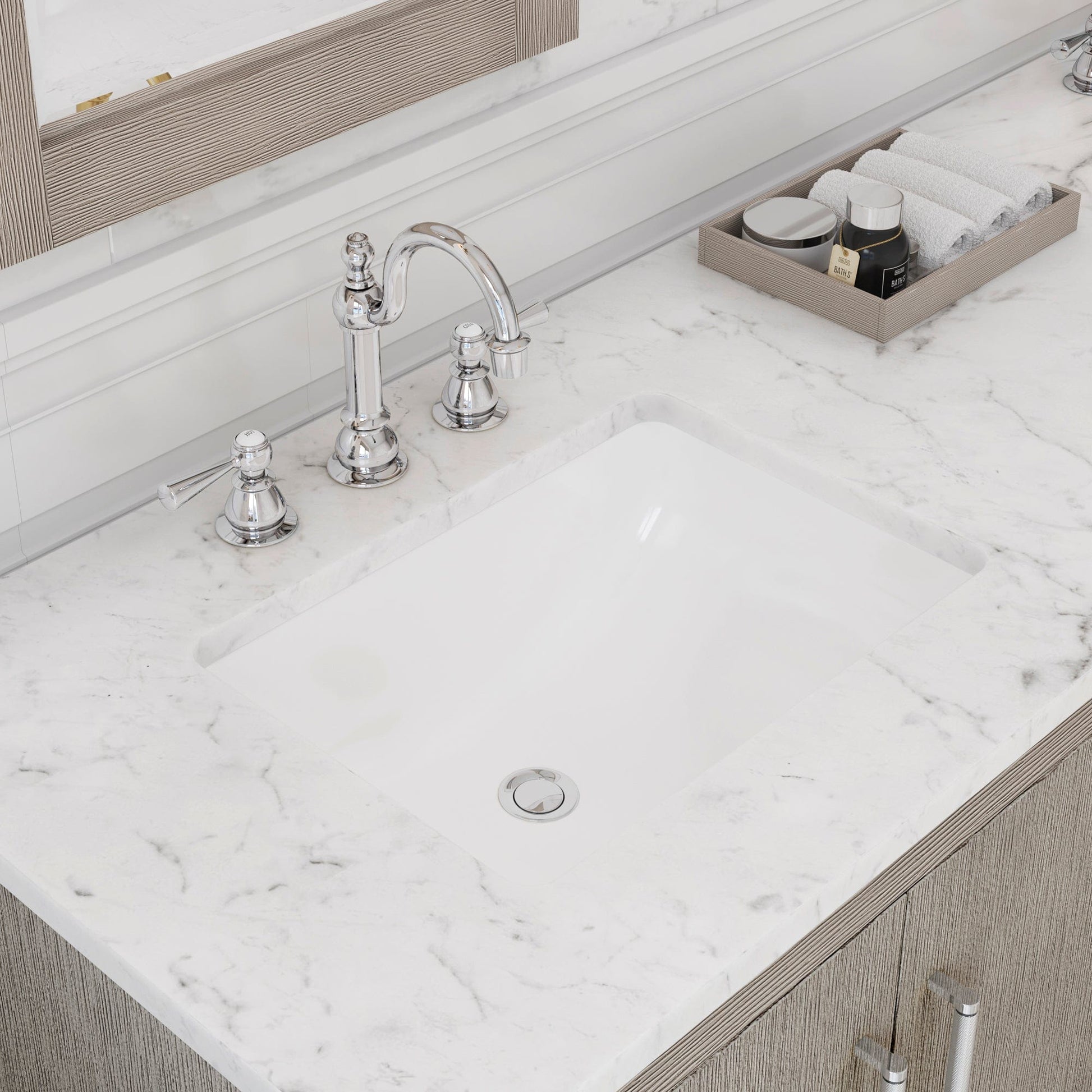 Water Creation HU72CW01GK-R21TL1201 HUGO 72"W x 34.3"H Gray Oak Double-Sink Vanity with Carrara White Marble Countertop + Hook Faucets and Mirrors (A)