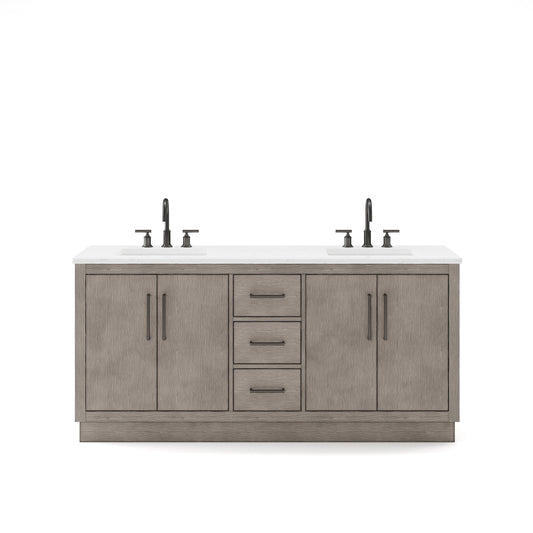 Water Creation HU72CW03GK-000BL1403 HUGO 72"W x 34.3"H Gray Oak Double-Sink Vanity with Carrara White Marble Countertop + Gooseneck Faucets (B)