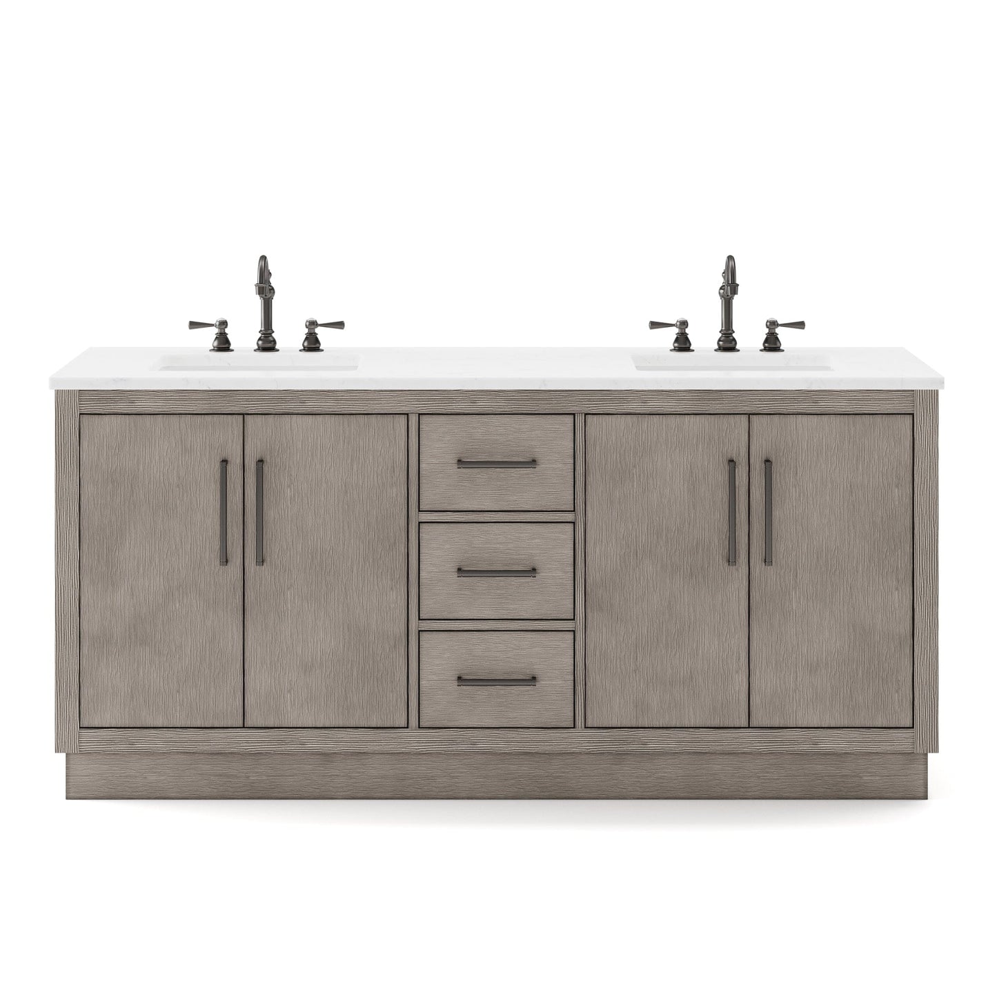 Water Creation HU72CW03GK-000TL1203 HUGO 72"W x 34.3"H Gray Oak Double-Sink Vanity with Carrara White Marble Countertop + Hook Faucets (B)