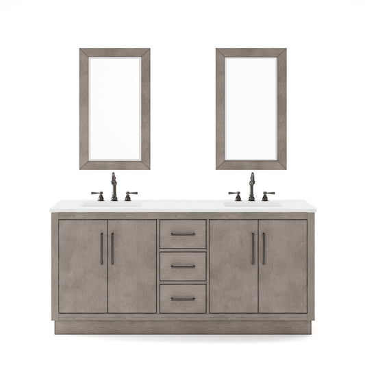 Water Creation HU72CW03GK-R21000000 HUGO 72"W x 34.3"H Gray Oak Double-Sink Vanity with Carrara White Marble Countertop + Mirrors (B)