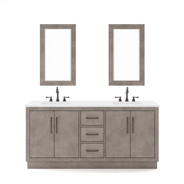 Water Creation HU72CW03GK-R21000000 HUGO 72W x 34.3H Gray Oak Double-Sink Vanity with Carrara White Marble Countertop + Mirrors (B)