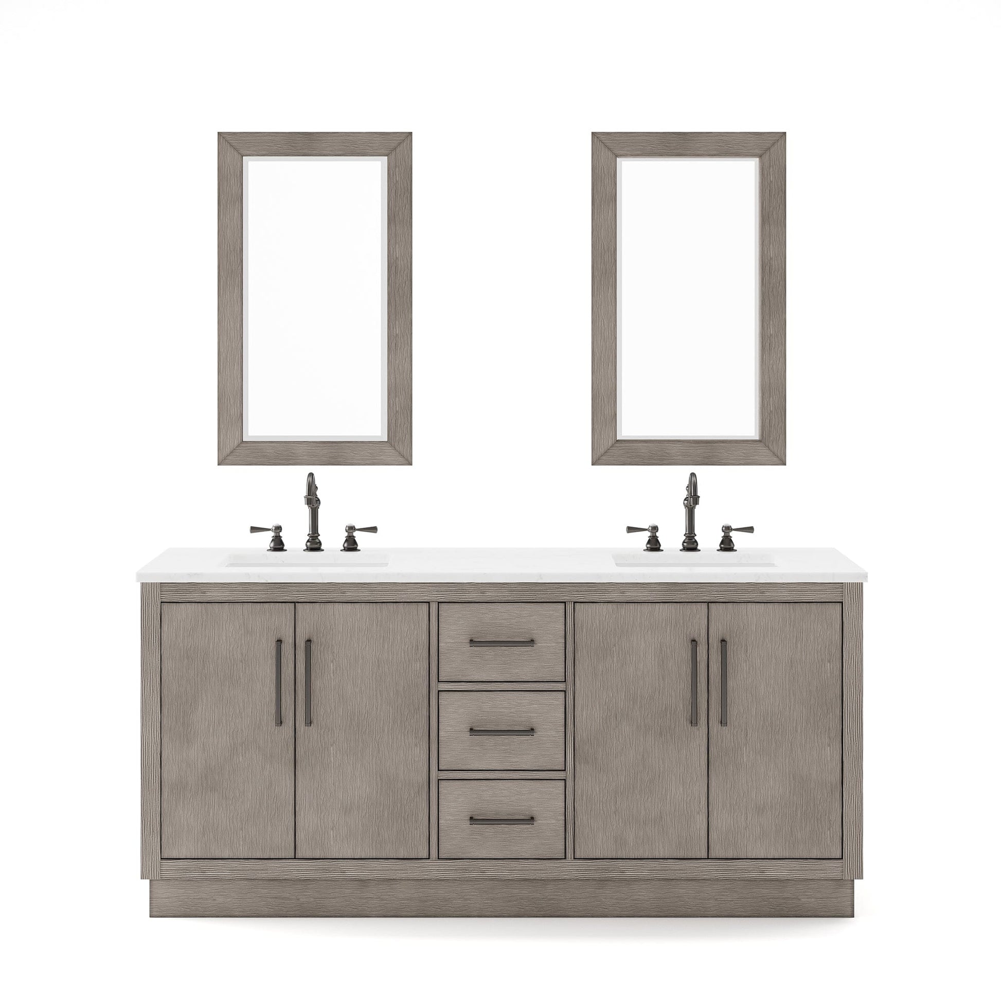 Water Creation HU72CW03GK-R21TL1203 HUGO 72"W x 34.3"H Gray Oak Double-Sink Vanity with Carrara White Marble Countertop + Hook Faucets and Mirrors (B)