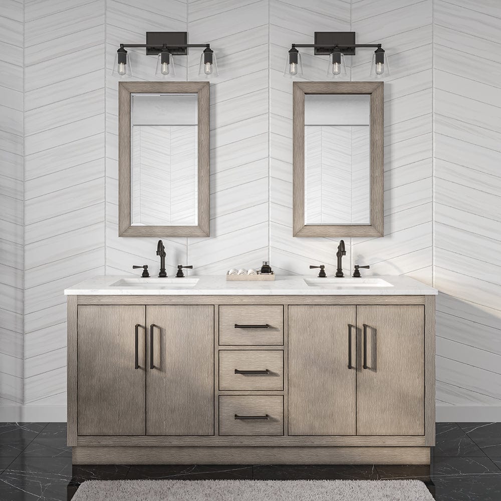 Water Creation HU72CW03GK-R21TL1203 HUGO 72"W x 34.3"H Gray Oak Double-Sink Vanity with Carrara White Marble Countertop + Hook Faucets and Mirrors (B)