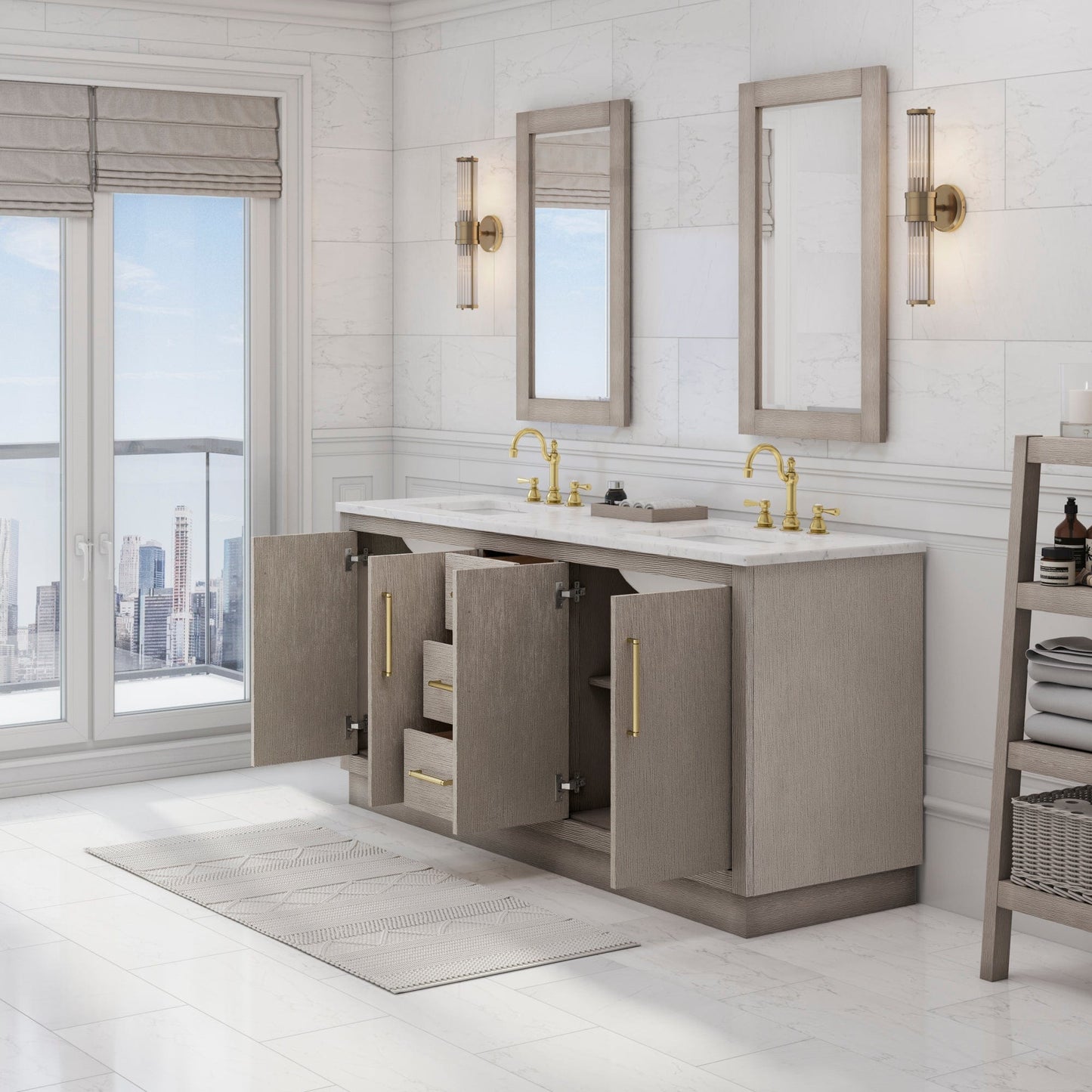 Water Creation HU72CW06GK-000000000 HUGO 72"W x 34.3"H Gray Oak Double-Sink Vanity with Carrara White Marble Countertop (C) (Vanity Only)