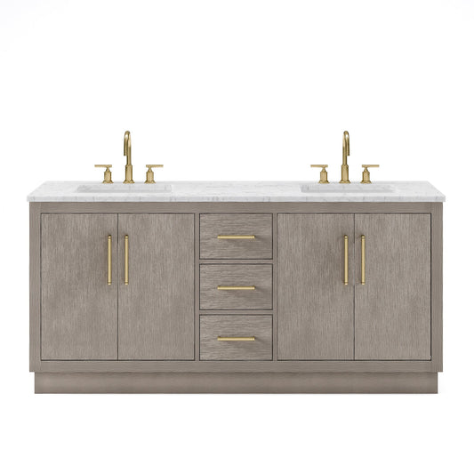 Water Creation HU72CW06GK-000BL1406 HUGO 72"W x 34.3"H Gray Oak Double-Sink Vanity with Carrara White Marble Countertop + Gooseneck Faucets (C)