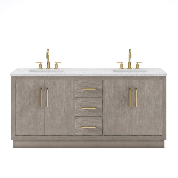 Water Creation HU72CW06GK-000BL1406 HUGO 72W x 34.3H Gray Oak Double-Sink Vanity with Carrara White Marble Countertop + Gooseneck Faucets (C)